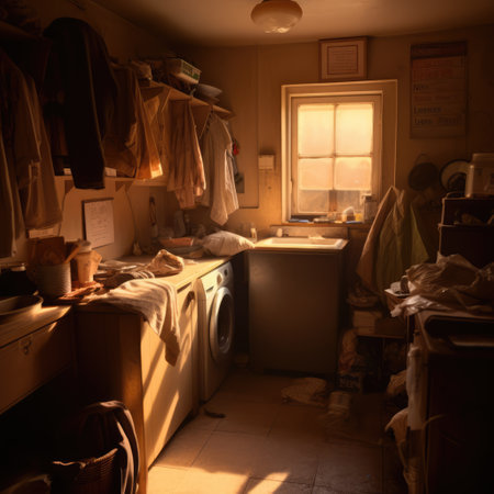 General view of utility room with clothes, created using generative ai technology. Utility room, home decor and interiors concept digitally generated image.の素材