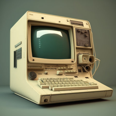 Old computer station with keyboard on grey background, created using generative ai technology. Retro computer and technology concept digitally generated image.の素材