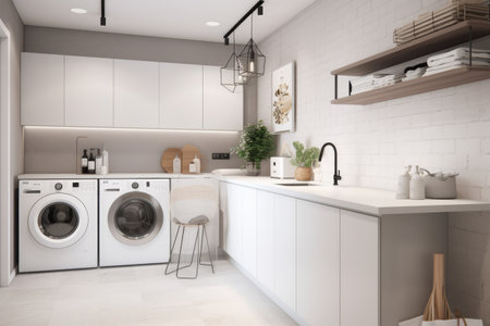General view of modern utility room with white furniture, created using generative ai technology. Utility room, home decor and interiors concept digitally generated image.の素材