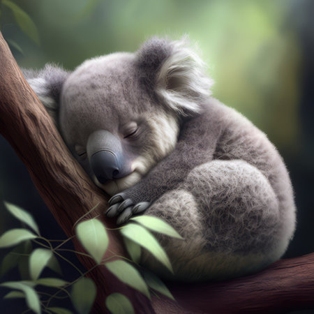 Close up of sleeping koala bear sleeping on tree, created using generative ai technology. Nature, beauty in nature and wildlife concept digitally generated image.の素材