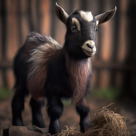 Close up of cute pygmy goat in barn, created using generative ai technology. Animal, nature, beauty in nature and wildlife concept digitally generated image.の素材