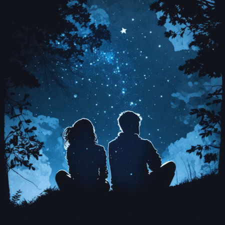 Couple in field star gazing at night sky, created using generative ai technology. Stars, space, nature and love concept digitally generated image.の素材