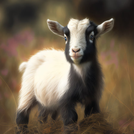Close up of cute pygmy goat in field, created using generative ai technology. Animal, nature, beauty in nature and wildlife concept digitally generated image.の素材