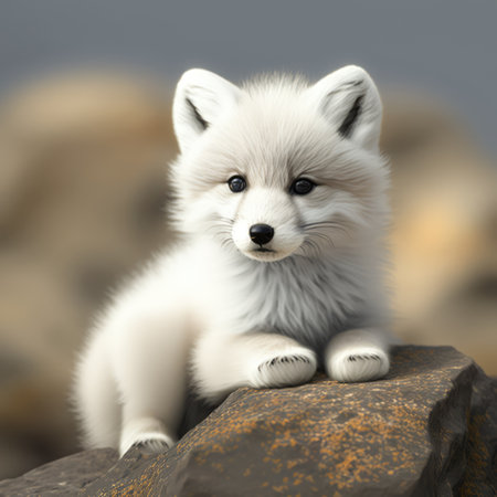 Close up of cute white fox on rock, created using generative ai technology. Wild animal, nature, beauty in nature and wildlife concept digitally generated image.の素材