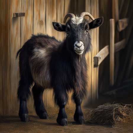 Close up of cute pygmy goat in barn, created using generative ai technology. Animal, nature, beauty in nature and wildlife concept digitally generated image.の素材