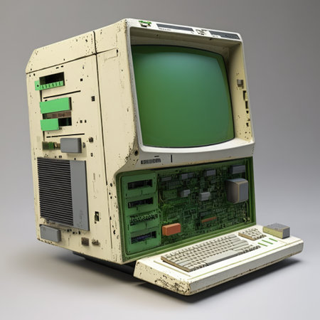 Old computer station with keyboard on grey background, created using generative ai technology. Retro computer and technology concept digitally generated image.の素材