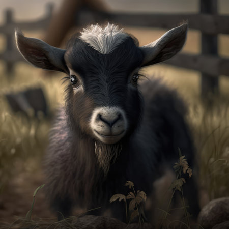 Close up of cute pygmy goat in field, created using generative ai technology. Animal, nature, beauty in nature and wildlife concept digitally generated image.の素材