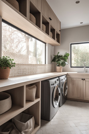 General view of utility room with wooden furniture, created using generative ai technology. Utility room, home decor and interiors concept digitally generated image.の素材