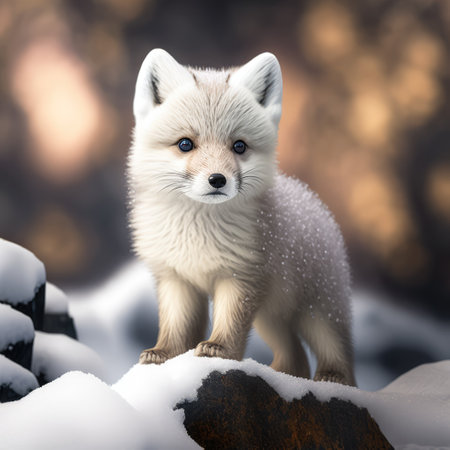 Close up of cute white fox in snow, created using generative ai technology. Wild animal, nature, beauty in nature and wildlife concept digitally generated image.の素材