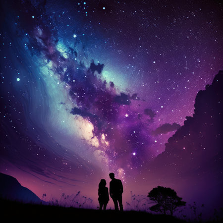 Couple in mountains star gazing at night sky, created using generative ai technology. Stars, space, nature and love concept digitally generated image.の素材