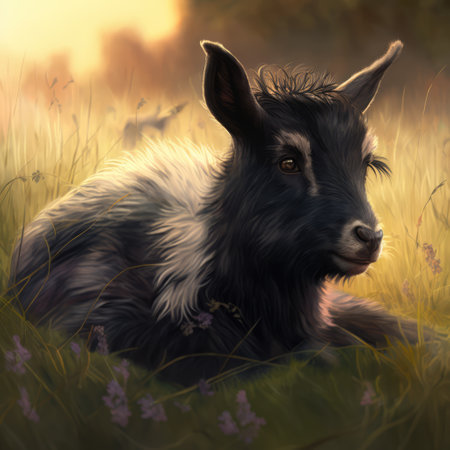 Close up of cute pygmy goat in field, created using generative ai technology. Animal, nature, beauty in nature and wildlife concept digitally generated image.の素材