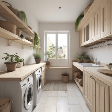 General view of utility room with wooden furniture, created using generative ai technology. Utility room, home decor and interiors concept digitally generated image.の素材
