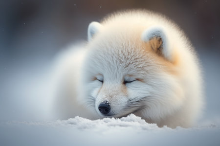 Close up of cute white fox sleeping in snow, created using generative ai technology. Wild animal, nature, beauty in nature and wildlife concept digitally generated image.の素材