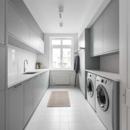 General view of modern utility room with white furniture, created using generative ai technology. Utility room, home decor and interiors concept digitally generated image.の素材