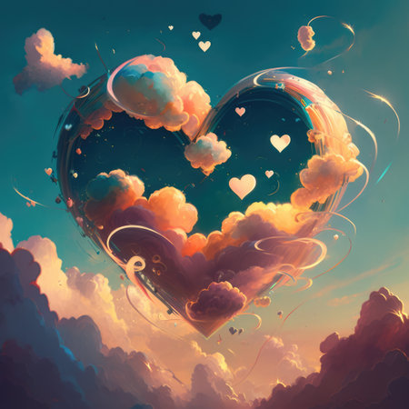 Heart shaped clouds in blue sky, created using generative ai technology. Heart, cloud, nature and love concept digitally generated image.の素材