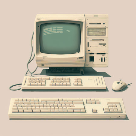 Old computer station with keyboard on grey background, created using generative ai technology. Retro computer and technology concept digitally generated image.の素材