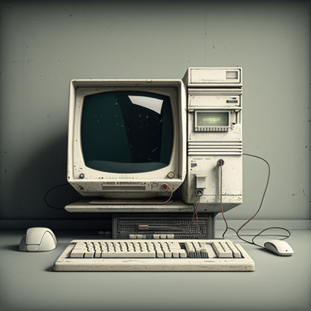 Old computer station with keyboard on grey background, created using generative ai technology. Retro computer and technology concept digitally generated image.の素材