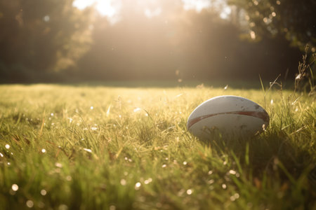 Close up of rugby ball on grass at sunset, created using generative ai technology. Rugby, sports and competition concept digitally generated image.の素材