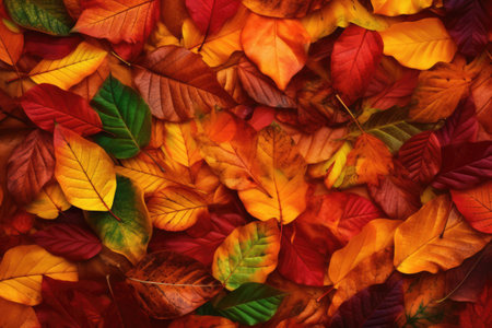 Close up of multi coloured autumn leaves background, created using generative ai technology. Autumn, fall, nature, pattern and texture concept digitally generated image.の素材