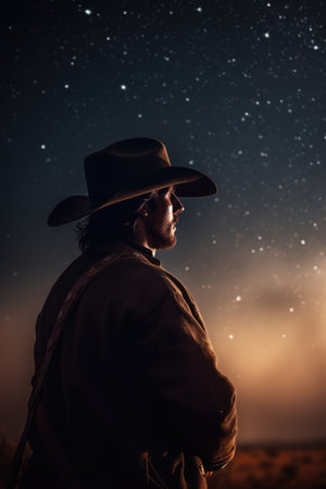 Cowboy star gazing at night sky, created using generative ai technology. Stars, space, nature and night concept digitally generated image.の素材
