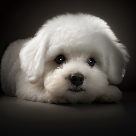 Close up of cute white bichon dog, created using generative ai technology. Dog and pet animal concept digitally generated image.の素材