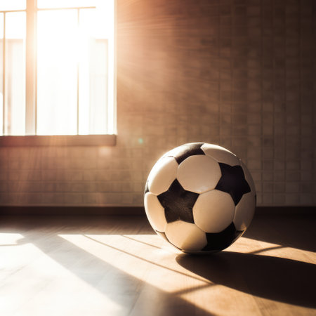 Close up of black and white football on wooden floor in room, created using generative ai technology. Football, sports and competition concept digitally generated image.の素材