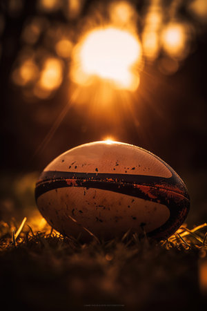 Close up of rugby ball on grass at sunset, created using generative ai technology. Rugby, sports and competition concept digitally generated image.の素材