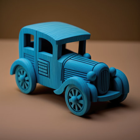 Close up of retro blue car toy on brown background, created using generative ai technology. Car, toy and colour concept digitally generated image.の素材