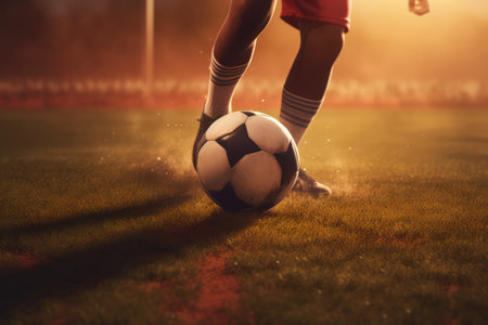 Caucasian footballer kicking white and black football, created using generative ai technology. Football, sports and competition concept digitally generated image.の素材