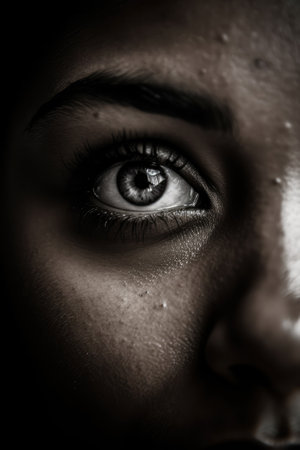 Close up of woman's eye in black and white, created using generative ai technology. Human eye, colour and pattern concept digitally generated image.の素材
