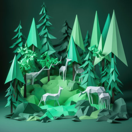 Green origami landscape with trees and wild animals, created using generative ai technology. Orgiami art, scenery, nature and pattern concept digitally generated image.の素材