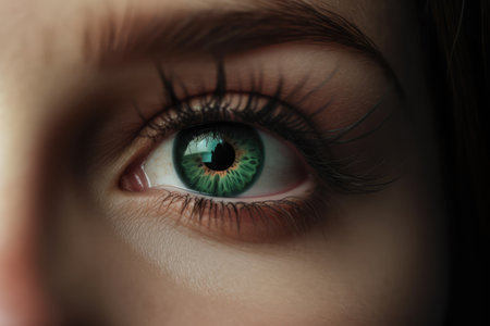 Close up of woman's green eye, created using generative ai technology. Human eye, colour and pattern concept digitally generated image.の素材