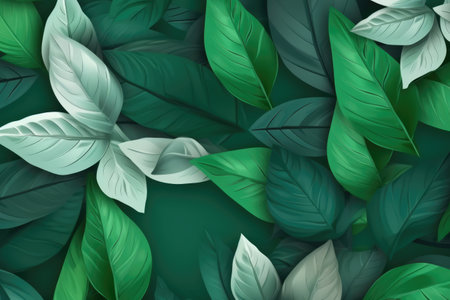 Close up of multiple green leaves background, created using generative ai technology. Nature, pattern and texture concept digitally generated image.の素材