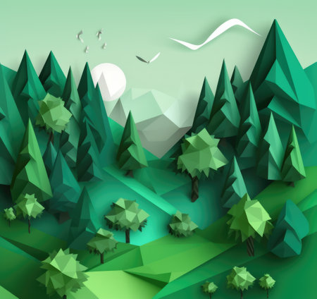 Origami landscape with trees, birds and sun, created using generative ai technology. Orgiami art, scenery, nature and pattern concept digitally generated image.の素材