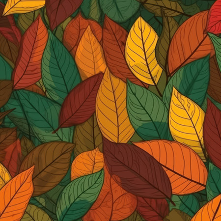 Close up of multi coloured autumn leaves background, created using generative ai technology. Autumn, fall, nature, pattern and texture concept digitally generated image.の素材