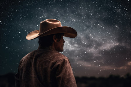 Cowboy star gazing at night sky, created using generative ai technology. Stars, space, nature and night concept digitally generated image.の素材