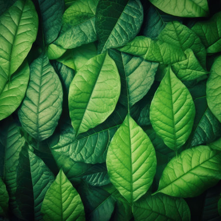 Close up of multiple green leaves background, created using generative ai technology. Nature, pattern and texture concept digitally generated image.の素材