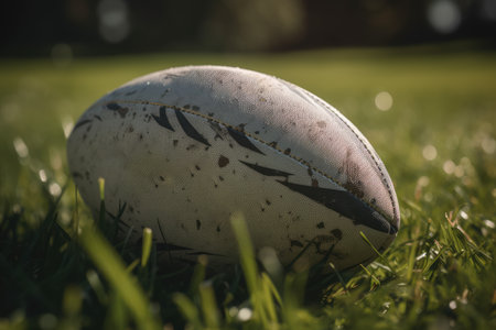 Close up of white and black rugby ball on grass, created using generative ai technology. Rugby, sports and competition concept digitally generated image.の素材
