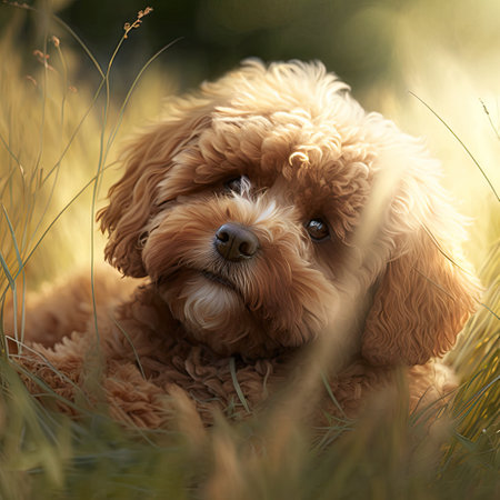 Close up of cute beige bichon dog in field, created using generative ai technology. Dog and pet animal concept digitally generated image.の素材