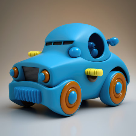 Close up of blue car toy on grey background, created using generative ai technology. Car, toy and colour concept digitally generated image.の素材