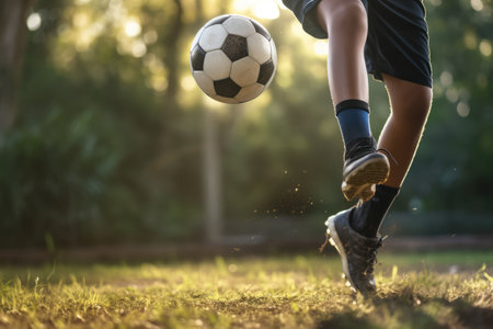 Caucasian footballer kicking white and black football, created using generative ai technology. Football, sports and competition concept digitally generated image.の素材