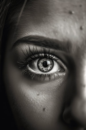 Close up of woman's eye in black and white, created using generative ai technology. Human eye, colour and pattern concept digitally generated image.の素材