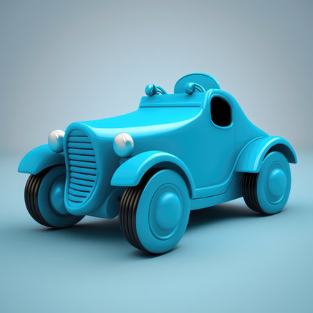 Close up of blue car toy on blue background, created using generative ai technology. Car, toy and colour concept digitally generated image.の素材