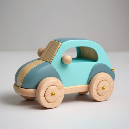 Close up of wooden blue car toy on grey background, created using generative ai technology. Car, toy and colour concept digitally generated image.の素材