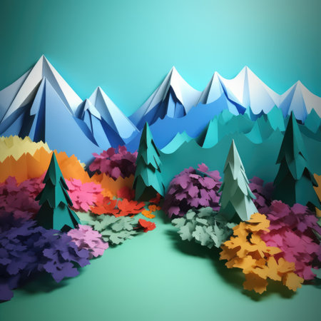 Origami landscape with trees and mountains, created using generative ai technology. Orgiami art, scenery, nature and pattern concept digitally generated image.の素材