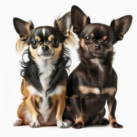 Close up of two cute chihuahua dogs, created using generative ai technology. Dog and pet animal concept digitally generated image.の素材