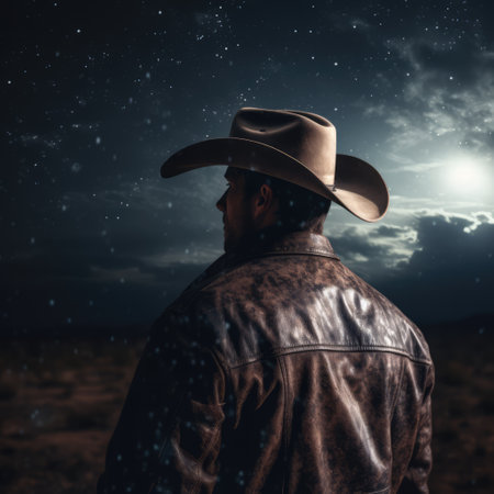 Cowboy star gazing at night sky, created using generative ai technology. Stars, space, nature and night concept digitally generated image.の素材