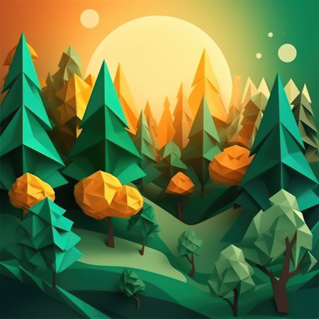 Origami landscape with trees and sunset, created using generative ai technology. Orgiami art, scenery, nature and pattern concept digitally generated image.の素材