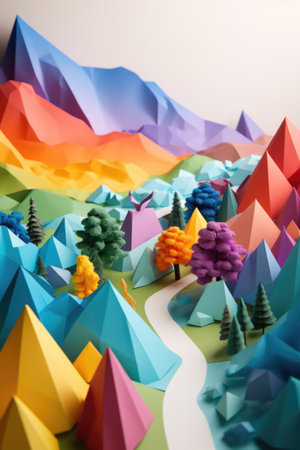 Rainbow origami landscape with trees and mountains, created using generative ai technology. Orgiami art, scenery, nature and pattern concept digitally generated image.の素材