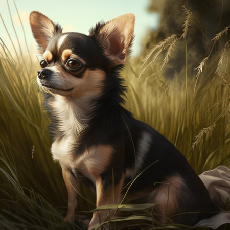 Close up of cute black chihuahua dog in field, created using generative ai technology. Dog and pet animal concept digitally generated image.の素材